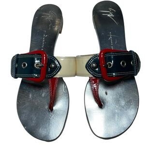 GIUSEPPE ZANOTTI vintage sandal buckle flat red blue cream SZ Eu-37.5 US-7